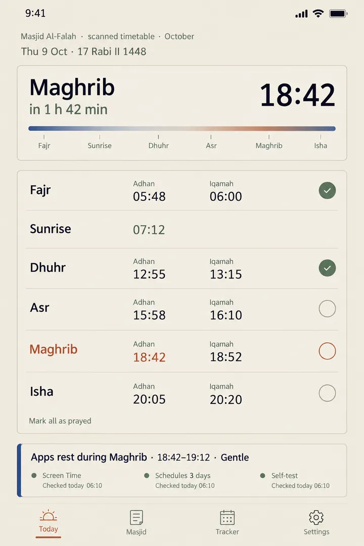 Concept of the Today screen: next prayer Maghrib in 1 h 42 min, a day band, and six rows with adhan and iqamah times from a scanned masjid timetable.