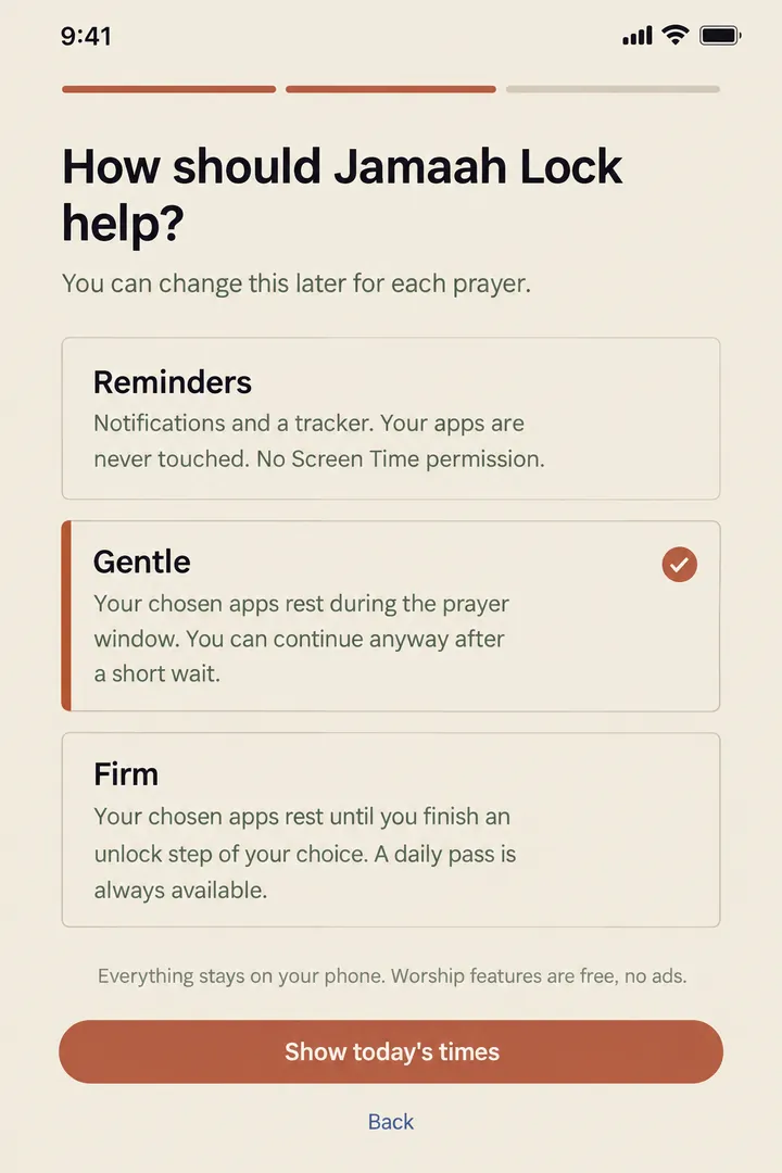 Concept of the mode step: three stacked cards Reminders, Gentle (selected) and Firm, and a button "Show today's times".