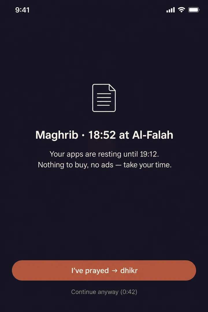 Concept of the iOS shield during Maghrib: "Maghrib 18:52 at Al-Falah", a button "I've prayed, then dhikr" and a dimmed "Continue anyway" countdown.